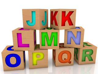 Wooden toy cubes with differents letters on white
