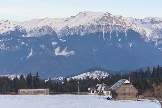 Winter landscape with mountains Bucegi seen from Cheile Gradistei.