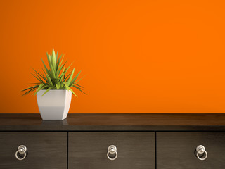 Part of interior with plant and orange wall 3D rendering