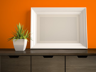 Part of interior with white frame and orange wall 3D rendering