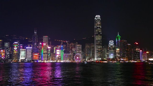 Hong Kong at night. Victoria Harbour and Hong Kong Central., 4k
