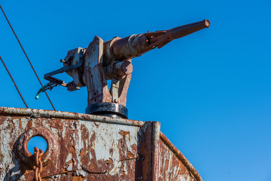 Close-up of harpoon gun in rusty whaler