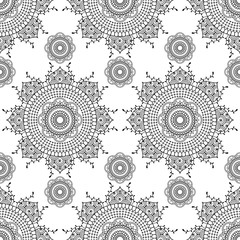 Seamless mandala henna mehndi lace pattern of buta decoration items on white background.