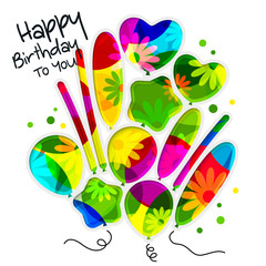 Birthday card in the style of cutouts with balloons on colorful flowers background. Vector.