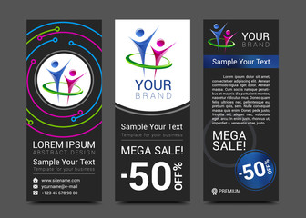 set of vertical banners for your business with people logo and bright colorful background vector banner with sample text