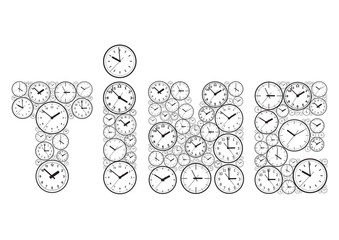 The word time, made up of watch dials. Vector illustration.