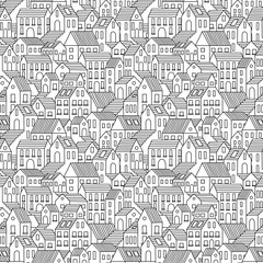 Modèle sans couture dessiné à la main avec des maisons de ville. Fond de vecteur en noir et blanc.
