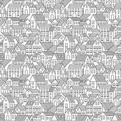 Vlies Fototapete Grau Handgezeichnetes nahtloses Muster mit Stadthäusern. Vektorhintergrund in Schwarzweiss.
