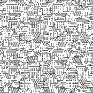 Hand Drawn Seamless Pattern With Town Houses. Vector Background In Black And White.