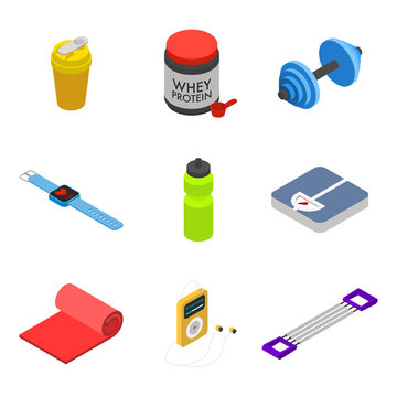 Isometric fitness icon set, movable objects isolated on white background: shaker, whey protein jar, dumbbell, smart bracelet with heart rate monitor, bottle, scales, mat, audio player, hand expander.