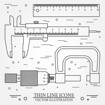 Set vector thin line icons caliper, ruler  and  micrometer. 