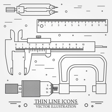 Set vector thin line icons caliper, ruler, pair of compass 