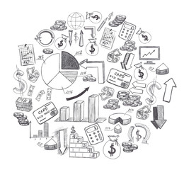 Sketch of hand drawn business plan elements shaped circle isolated on white background
