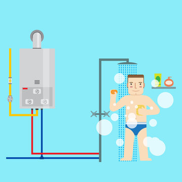 Gas water heater and man in the bathroom taking a shower. 