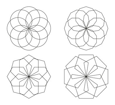 Set of 4 isolated symbols made of circles and polygons