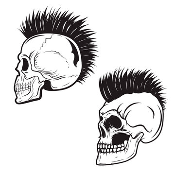 Set of skull with mohawk hairstyle isolated on white background