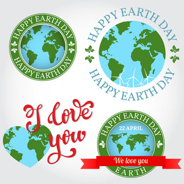 We love you Earth badge, label, logo, greeting Card. Happy Earth