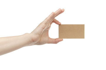 young female right hand hold blank brown paper card, isolated on white
