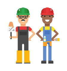 Set of professional engineering workers people building team in helmets builders flat vector illustration. 
