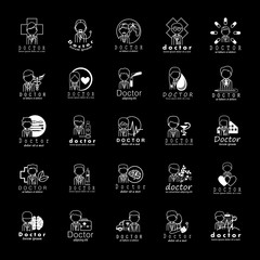 Doctors And Medical Workers Icons Set-Isolated On Black Background-Vector Illustration,Graphic Design.Collection Of Professional Medical Persons, Physician, Chemist Staff. For Web, Websites, Templates