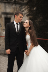 Happy wedding couple hugging and smiling each other on the background gorgeous plants in castle