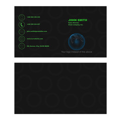 Black busines card with rounded shape on background containing phone, email, website and location. 
