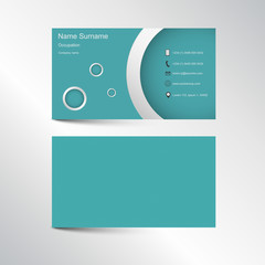 Modern light green or blue business card with rounded shape on backround in nice colors containing phone, e-mail, location and website. Front and rear view. Steel colors