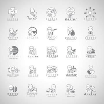 Doctors And Medical Workers Icons Set-Isolated On Gray Background-Vector Illustration,Graphic Design.Collection Of Professional Medical Persons, Physician, Chemist Staff. Thin Line