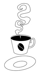 black and white graphic image of steaming black dark coffee in cup with saucer isolated vector illustration