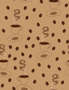 paper graphic picture of a steaming dark coffee in the cup and saucer, black roast coffee beans on background seamless vector print pattern illustration