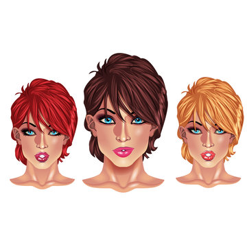 Beautiful girls with short haircuts - three beautiful bright women faces with short haircuts of different colors.