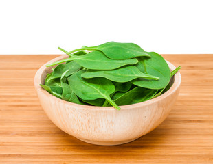 spinach leaf in wooden bowl on the wooden table