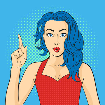 Vector pop art surprised woman face. Hand with finger pointing up