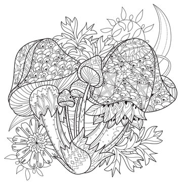 Hand drawn doodle outline magic mushrooms 