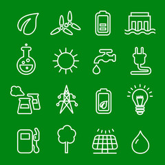 Flat thin line icons vector set of power and energy, natural renewable energy technologies as solar, wind, water. 