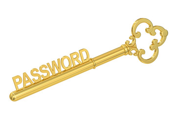 Password concept with golden key, 3D rendering