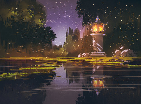night landscape with stone lantern,illustration painting