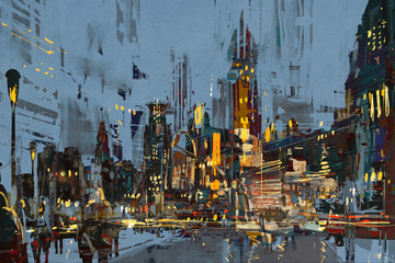 Panele Szklane Podświetlane  cyfrowe malowanie miasta nocą z kolorowymi światłami.