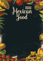 Mexican traditional food restaurant menu template with traditional spicy dish. burrito, tacos, chili, tomato, nachos, tequila, lime. Vector vintage engraved illustration Isolated on dark background