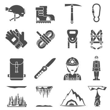 Speleology Black Icons Set