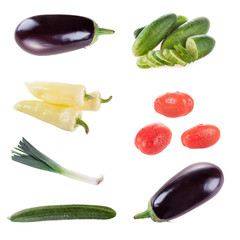 collection vegetables isolated on white background, peppers, eggplant, cucumber, zucchini, leek,...