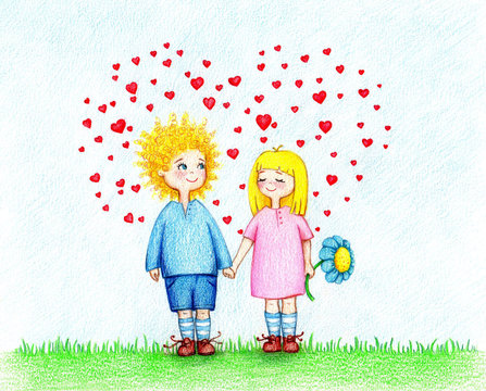 hand drawn picture of girl and boy standing on lawn by the color pencils