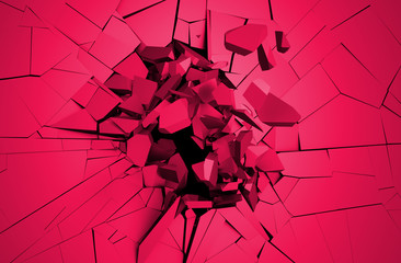 Abstract 3d rendering of cracked surface. Background with broken shape. Wall destruction. Explosion with debris.  - obrazy, fototapety, plakaty