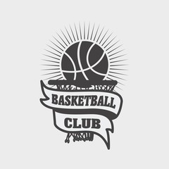 Basketball club logo, label, emblem design template with a ball,  ribbon and basket on a light background.