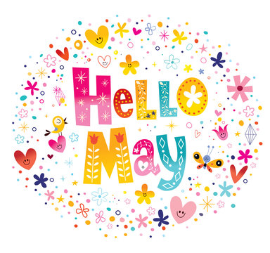 Hello May unique lettering with flowers and hearts spring design