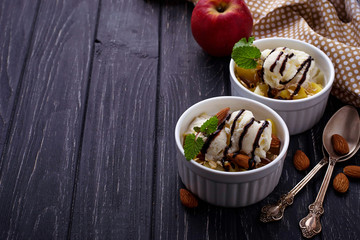 Dessert with apple and ice cream