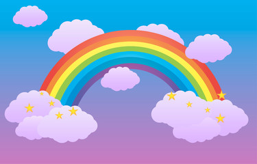 Vector illustration. Rainbow in the sky among the clouds.