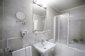 Interior of a modern hotel bathroom.
