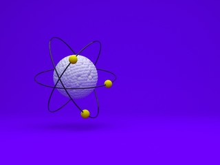 Model of atom with shadow on violet background, 3D