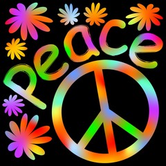 International symbol of peace, disarmament, anti-war movement. Grunge street art design in hippies rainbow colors, inscription peace. Vector image on radiating background. Retro motif of hippies movem
